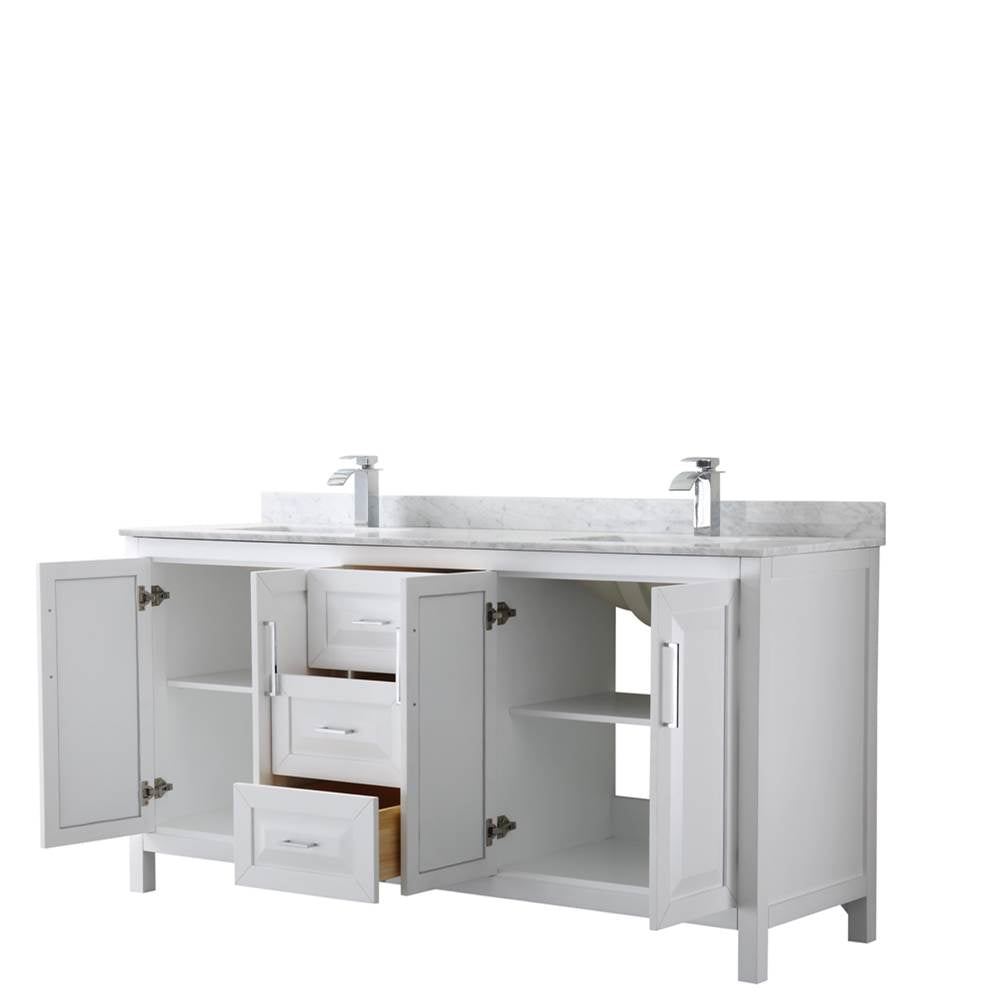 Daria 72 Inch Double Bathroom Vanity in Dark Blue, White Carrara Marble Countertop, Undermount Square Sinks, No Mirror
