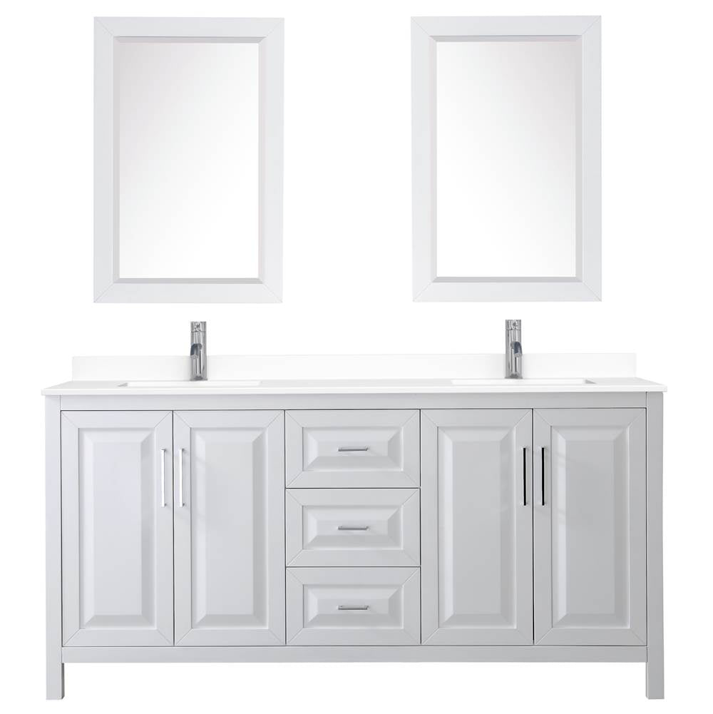 Daria 72 Inch Double Bathroom Vanity in White, White Cultured Marble Countertop, Undermount Square Sinks, 24 Inch Mirrors