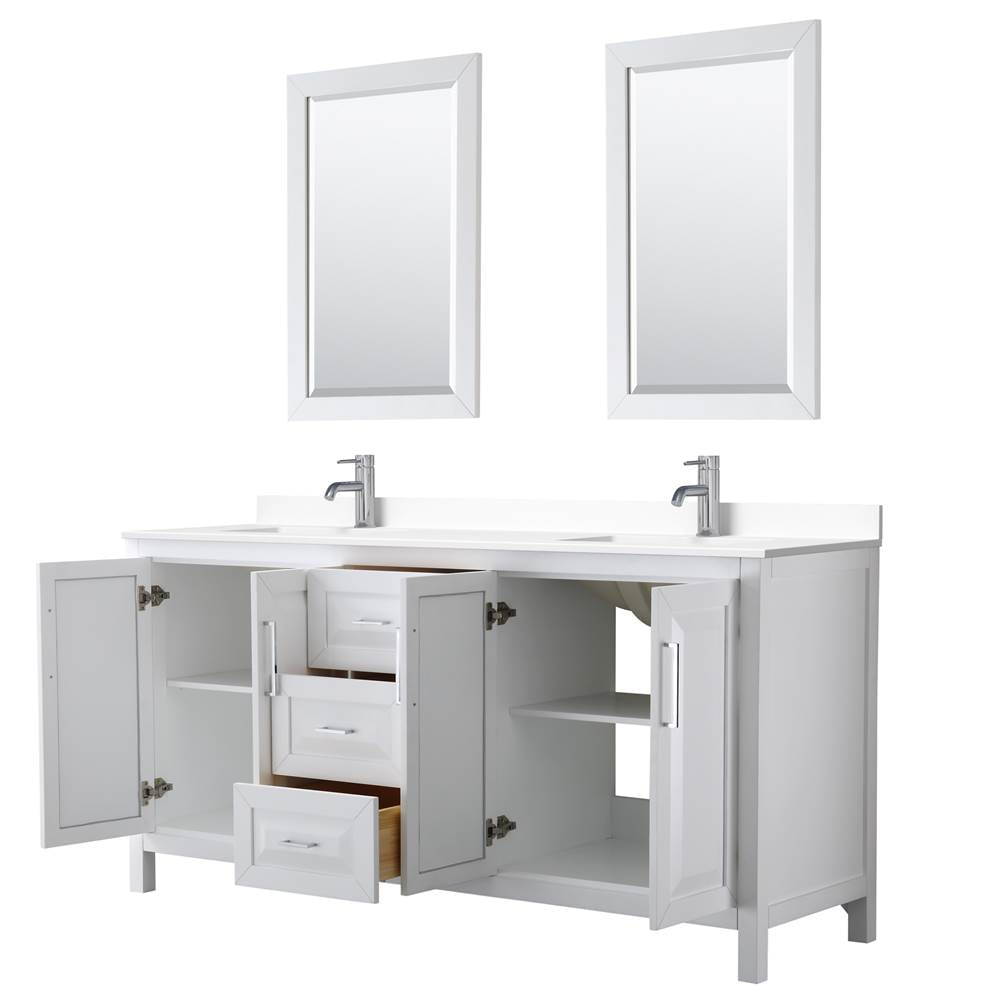 Daria 72 Inch Double Bathroom Vanity in White, White Cultured Marble Countertop, Undermount Square Sinks, 24 Inch Mirrors