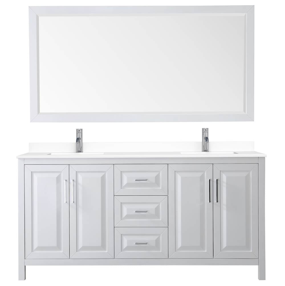 Daria 72 Inch Double Bathroom Vanity in White, White Cultured Marble Countertop, Undermount Square Sinks, 70 Inch Mirror