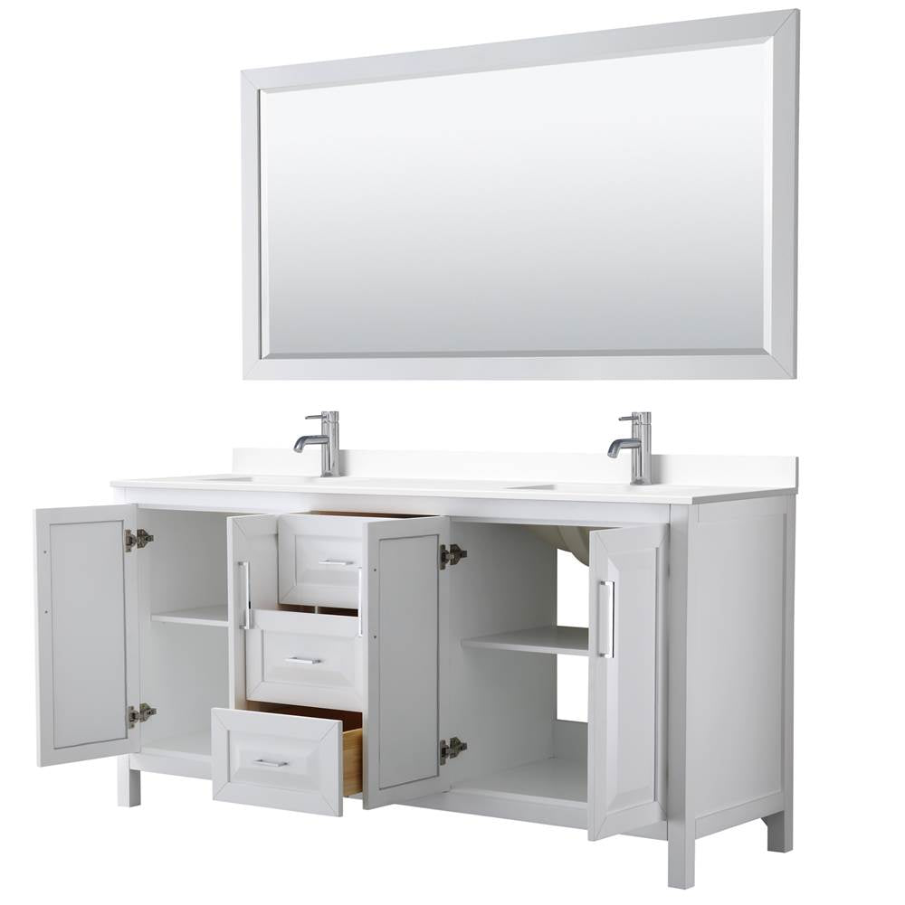 Daria 72 Inch Double Bathroom Vanity in White, White Cultured Marble Countertop, Undermount Square Sinks, 70 Inch Mirror