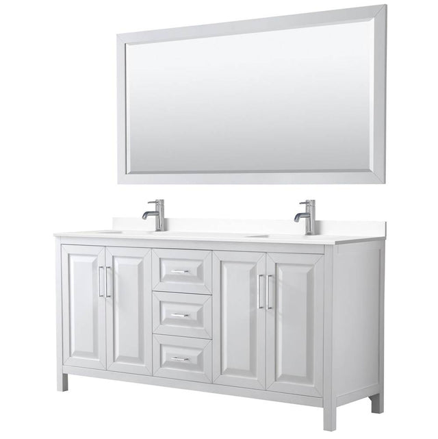 Wyndham Collection - Daria 72 Inch Double Bathroom Vanity in White, White Cultured Marble Countertop, Undermount Square Sinks, 70 Inch Mirror