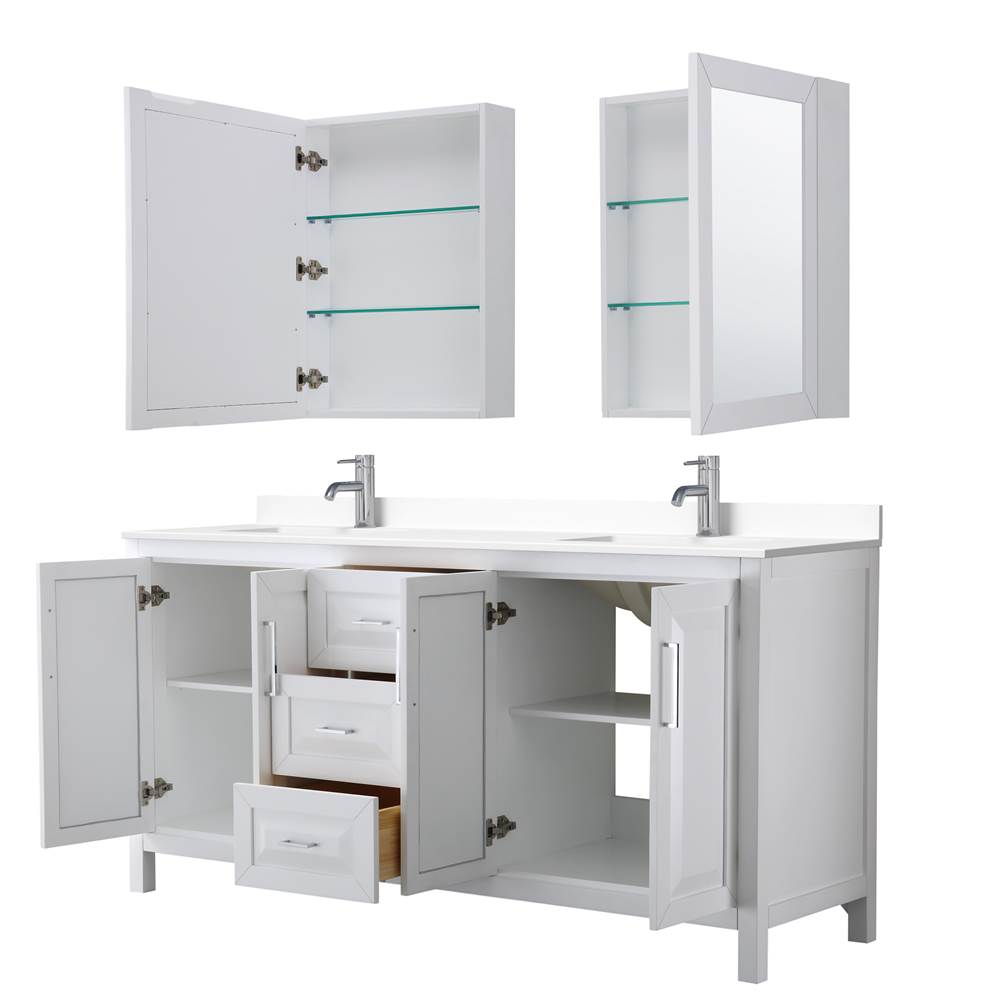 Daria 72 Inch Double Bathroom Vanity in White, White Cultured Marble Countertop, Undermount Square Sinks, Medicine Cabinets