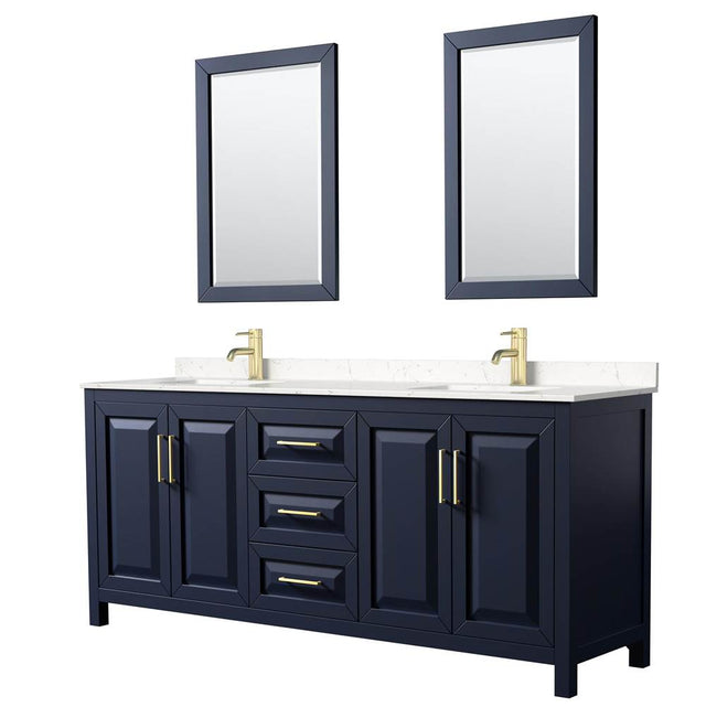 Wyndham Collection - Daria 80 Inch Double Bathroom Vanity in Dark Blue, Carrara Cultured Marble Countertop, Undermount Square Sinks, 24 Inch Mirrors
