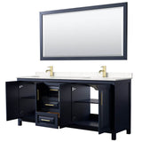 Daria 80 Inch Double Bathroom Vanity in Dark Blue, Carrara Cultured Marble Countertop, Undermount Square Sinks, 70 Inch Mirror