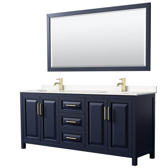 Wyndham Collection - Daria 80 Inch Double Bathroom Vanity in Dark Blue, Carrara Cultured Marble Countertop, Undermount Square Sinks, 70 Inch Mirror