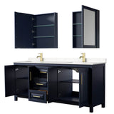 Daria 80 Inch Double Bathroom Vanity in Dark Blue, Carrara Cultured Marble Countertop, Undermount Square Sinks, Medicine Cabinets