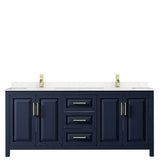 Daria 80 Inch Double Bathroom Vanity in Dark Blue, Carrara Cultured Marble Countertop, Undermount Square Sinks, No Mirror