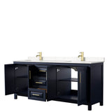 Daria 80 Inch Double Bathroom Vanity in Dark Blue, Carrara Cultured Marble Countertop, Undermount Square Sinks, No Mirror