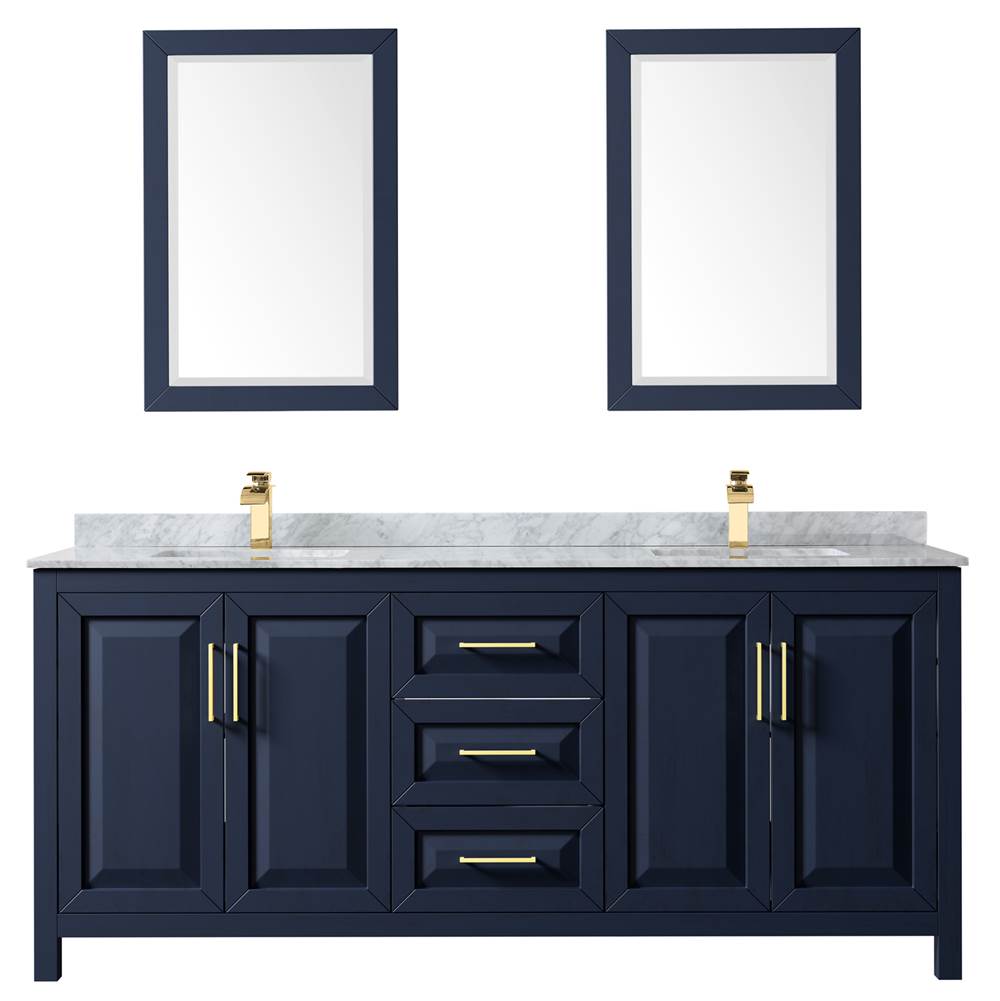 Daria 80 Inch Double Bathroom Vanity in Dark Blue, White Carrara Marble Countertop, Undermount Square Sinks, 24 Inch Mirrors
