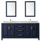 Daria 80 Inch Double Bathroom Vanity in Dark Blue, White Carrara Marble Countertop, Undermount Square Sinks, 24 Inch Mirrors