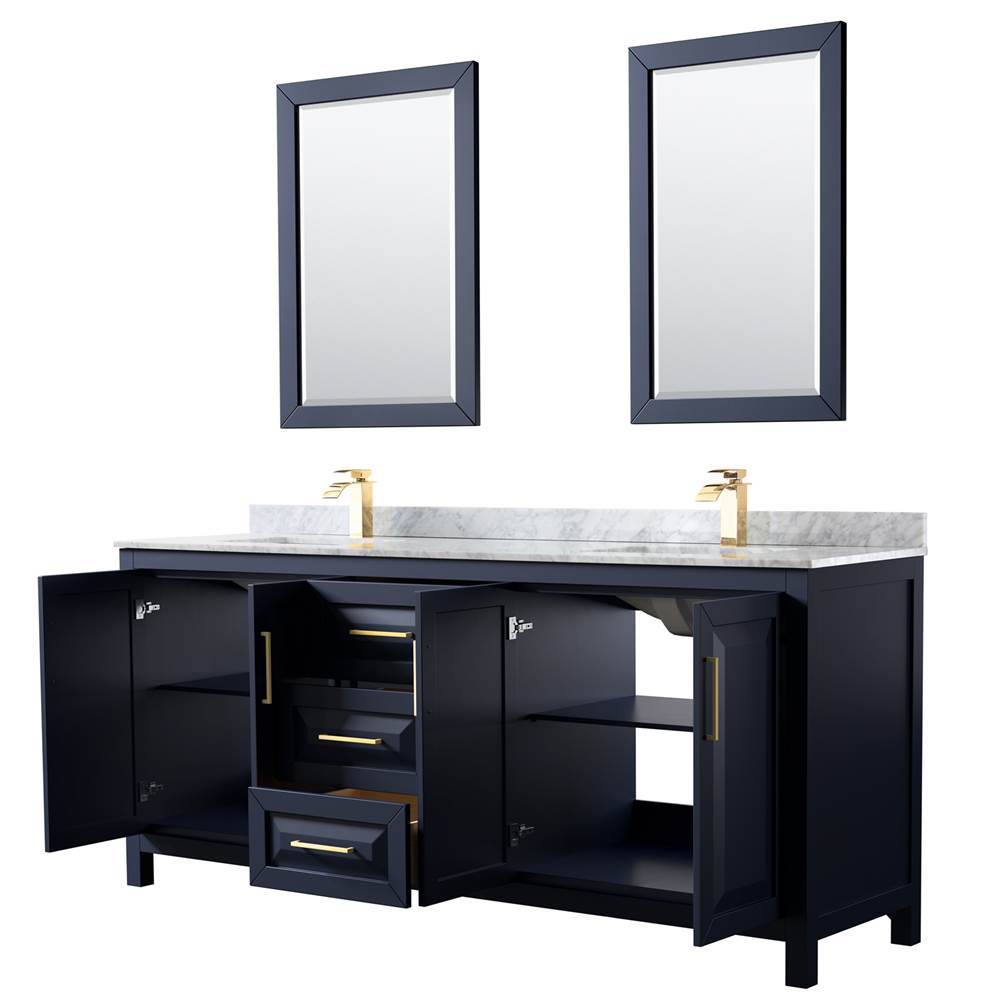 Daria 80 Inch Double Bathroom Vanity in Dark Blue, White Carrara Marble Countertop, Undermount Square Sinks, 24 Inch Mirrors