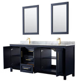 Daria 80 Inch Double Bathroom Vanity in Dark Blue, White Carrara Marble Countertop, Undermount Square Sinks, 24 Inch Mirrors