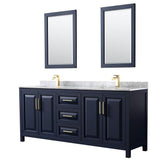 Wyndham Collection - Daria 80 Inch Double Bathroom Vanity in Dark Blue, White Carrara Marble Countertop, Undermount Square Sinks, 24 Inch Mirrors - Dark Blue