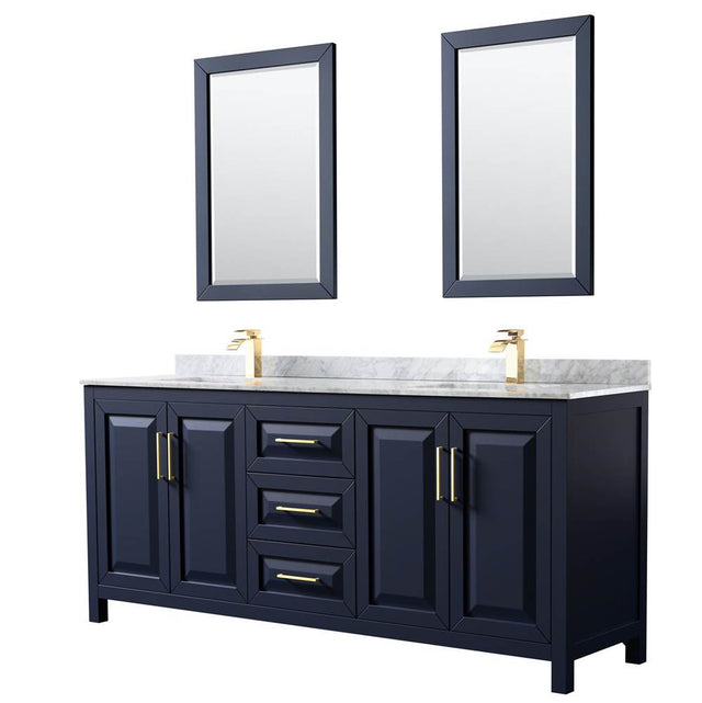 Wyndham Collection - Daria 80 Inch Double Bathroom Vanity in Dark Blue, White Carrara Marble Countertop, Undermount Square Sinks, 24 Inch Mirrors - Dark Blue