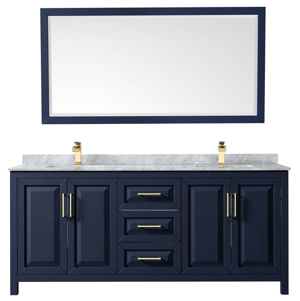 Daria 80 Inch Double Bathroom Vanity in Dark Blue, White Carrara Marble Countertop, Undermount Square Sinks, 70 Inch Mirror
