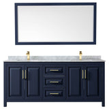 Daria 80 Inch Double Bathroom Vanity in Dark Blue, White Carrara Marble Countertop, Undermount Square Sinks, 70 Inch Mirror