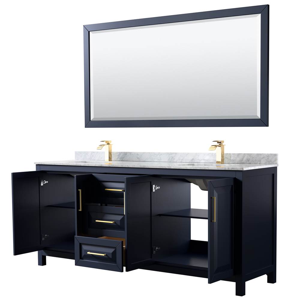 Daria 80 Inch Double Bathroom Vanity in Dark Blue, White Carrara Marble Countertop, Undermount Square Sinks, 70 Inch Mirror