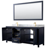 Daria 80 Inch Double Bathroom Vanity in Dark Blue, White Carrara Marble Countertop, Undermount Square Sinks, 70 Inch Mirror