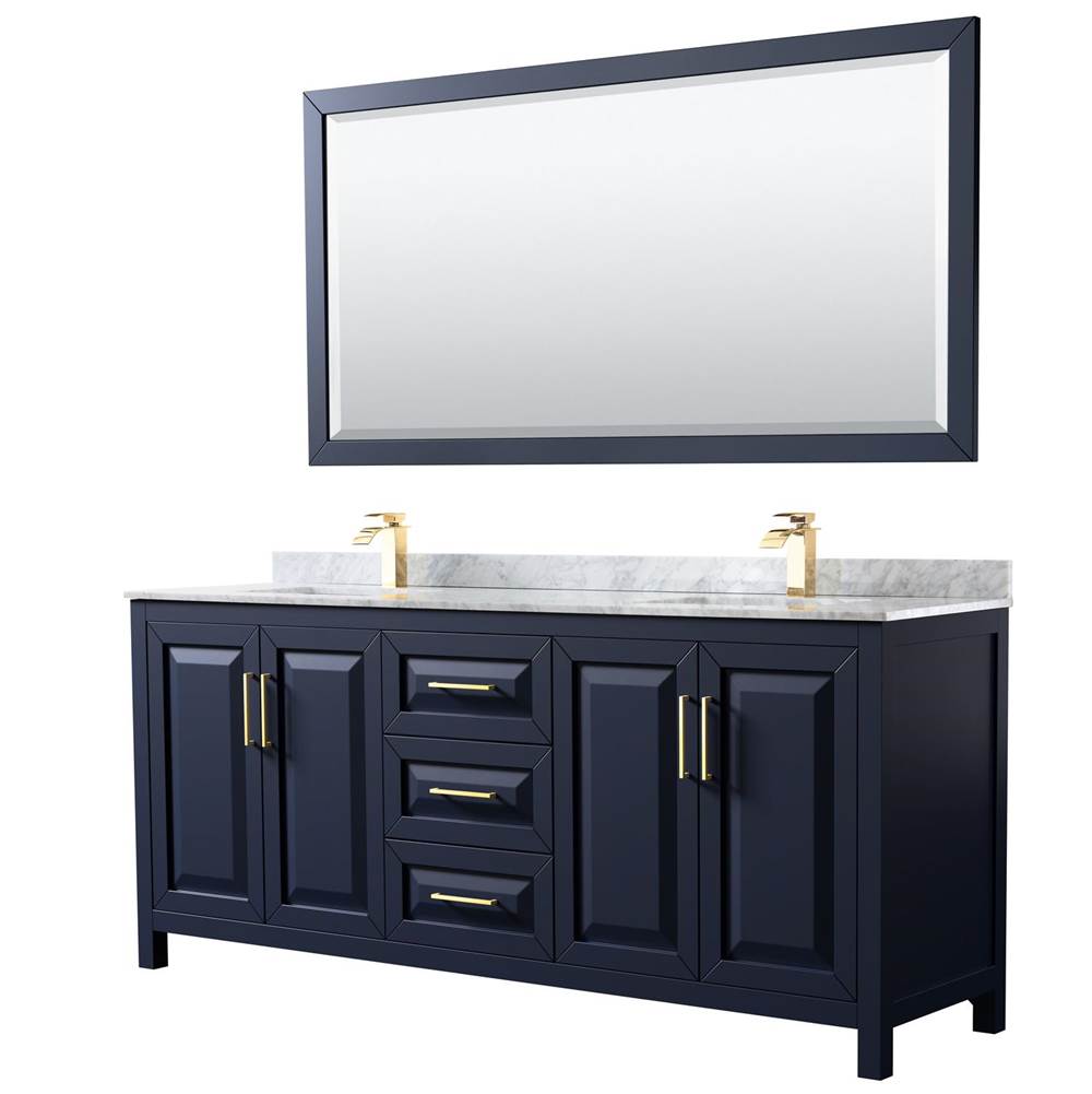 Wyndham Collection - Daria 80 Inch Double Bathroom Vanity in Dark Blue, White Carrara Marble Countertop, Undermount Square Sinks, 70 Inch Mirror - Dark Blue