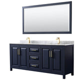 Wyndham Collection - Daria 80 Inch Double Bathroom Vanity in Dark Blue, White Carrara Marble Countertop, Undermount Square Sinks, 70 Inch Mirror - Dark Blue