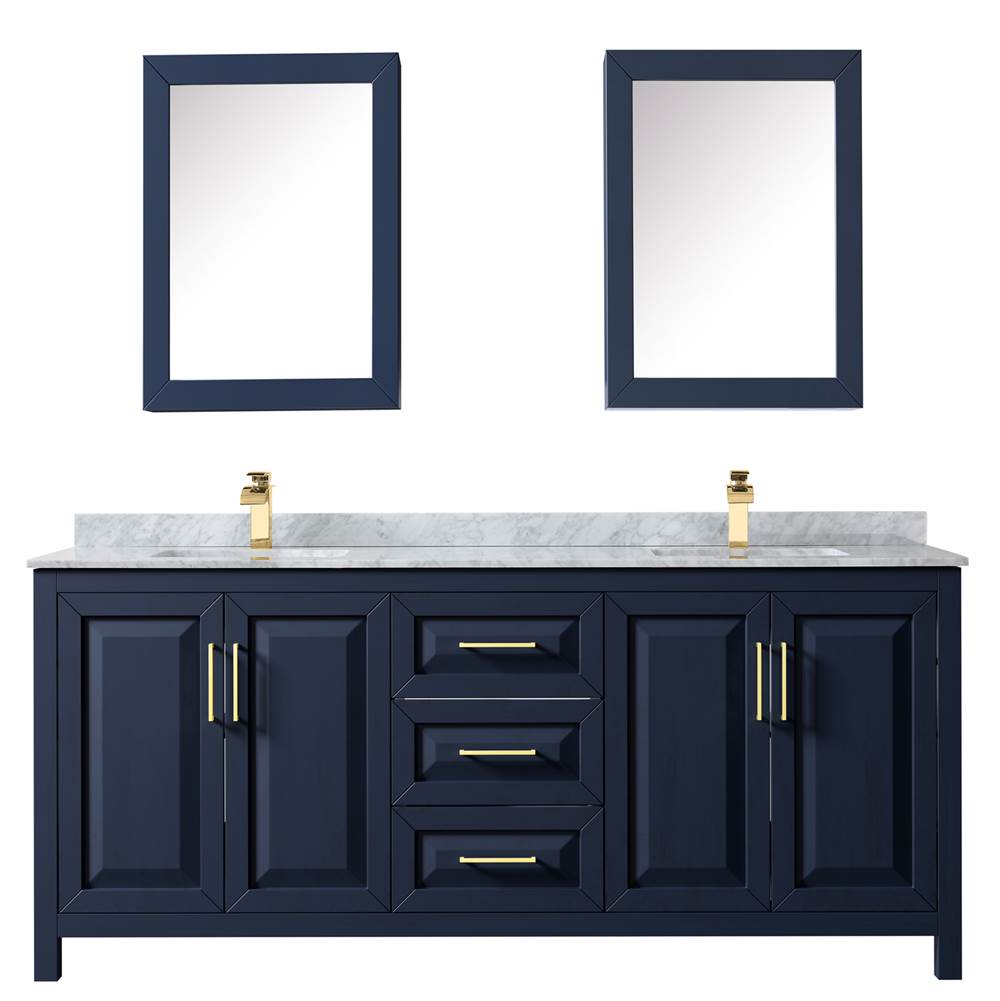 Daria 80 Inch Double Bathroom Vanity in Dark Blue, White Carrara Marble Countertop, Undermount Square Sinks, Medicine Cabinets