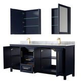 Daria 80 Inch Double Bathroom Vanity in Dark Blue, White Carrara Marble Countertop, Undermount Square Sinks, Medicine Cabinets