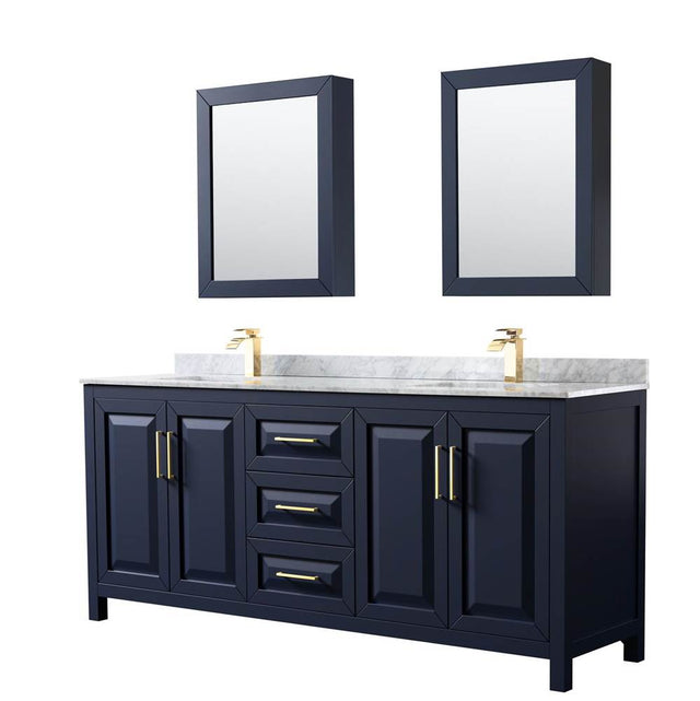 Wyndham Collection - Daria 80 Inch Double Bathroom Vanity in Dark Blue, White Carrara Marble Countertop, Undermount Square Sinks, Medicine Cabinets - Dark Blue