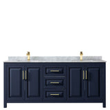 Daria 80 Inch Double Bathroom Vanity in Dark Blue, White Carrara Marble Countertop, Undermount Square Sinks, No Mirror