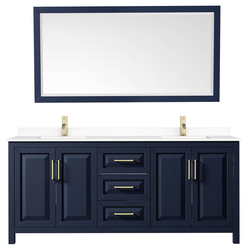 Daria 80 Inch Double Bathroom Vanity in Dark Blue, White Cultured Marble Countertop, Undermount Square Sinks, 70 Inch Mirror