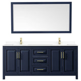 Daria 80 Inch Double Bathroom Vanity in Dark Blue, White Cultured Marble Countertop, Undermount Square Sinks, 70 Inch Mirror