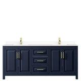 Daria 80 Inch Double Bathroom Vanity in Dark Blue, White Cultured Marble Countertop, Undermount Square Sinks, No Mirror