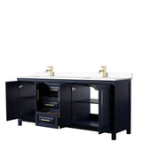 Daria 80 Inch Double Bathroom Vanity in Dark Blue, White Cultured Marble Countertop, Undermount Square Sinks, No Mirror