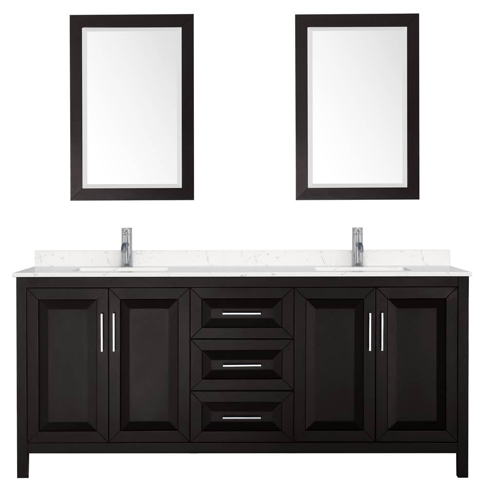 Daria 80 Inch Double Bathroom Vanity in Dark Espresso, Carrara Cultured Marble Countertop, Undermount Square Sinks, 24 Inch Mirrors