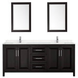 Daria 80 Inch Double Bathroom Vanity in Dark Espresso, Carrara Cultured Marble Countertop, Undermount Square Sinks, 24 Inch Mirrors