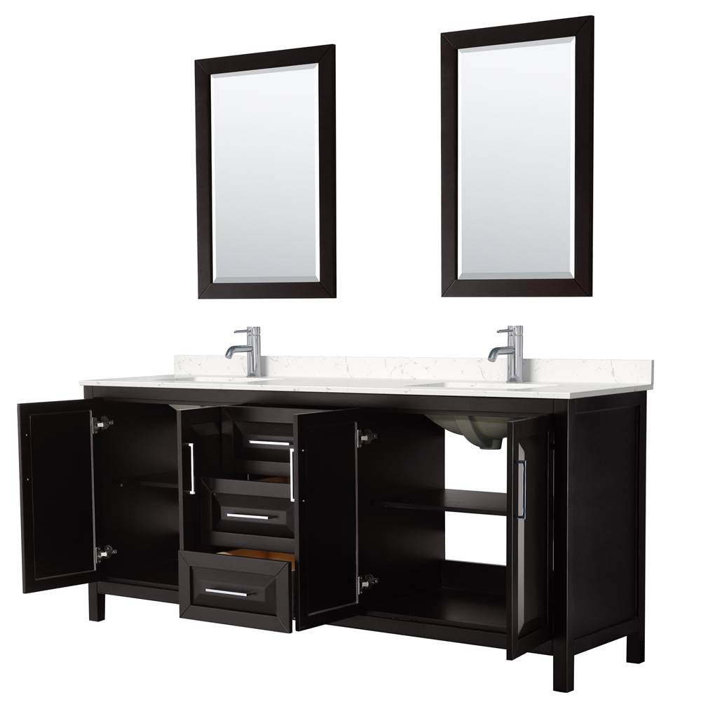 Daria 80 Inch Double Bathroom Vanity in Dark Espresso, Carrara Cultured Marble Countertop, Undermount Square Sinks, 24 Inch Mirrors
