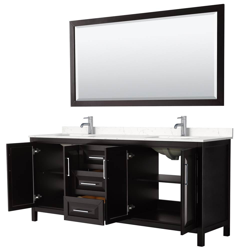 Daria 80 Inch Double Bathroom Vanity in Dark Espresso, Carrara Cultured Marble Countertop, Undermount Square Sinks, 70 Inch Mirror