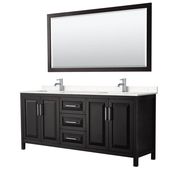 Wyndham Collection - Daria 80 Inch Double Bathroom Vanity in Dark Espresso, Carrara Cultured Marble Countertop, Undermount Square Sinks, 70 Inch Mirror