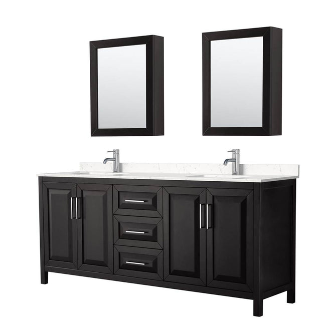 Wyndham Collection - Daria 80 Inch Double Bathroom Vanity in Dark Espresso, Carrara Cultured Marble Countertop, Undermount Square Sinks, Medicine Cabinets