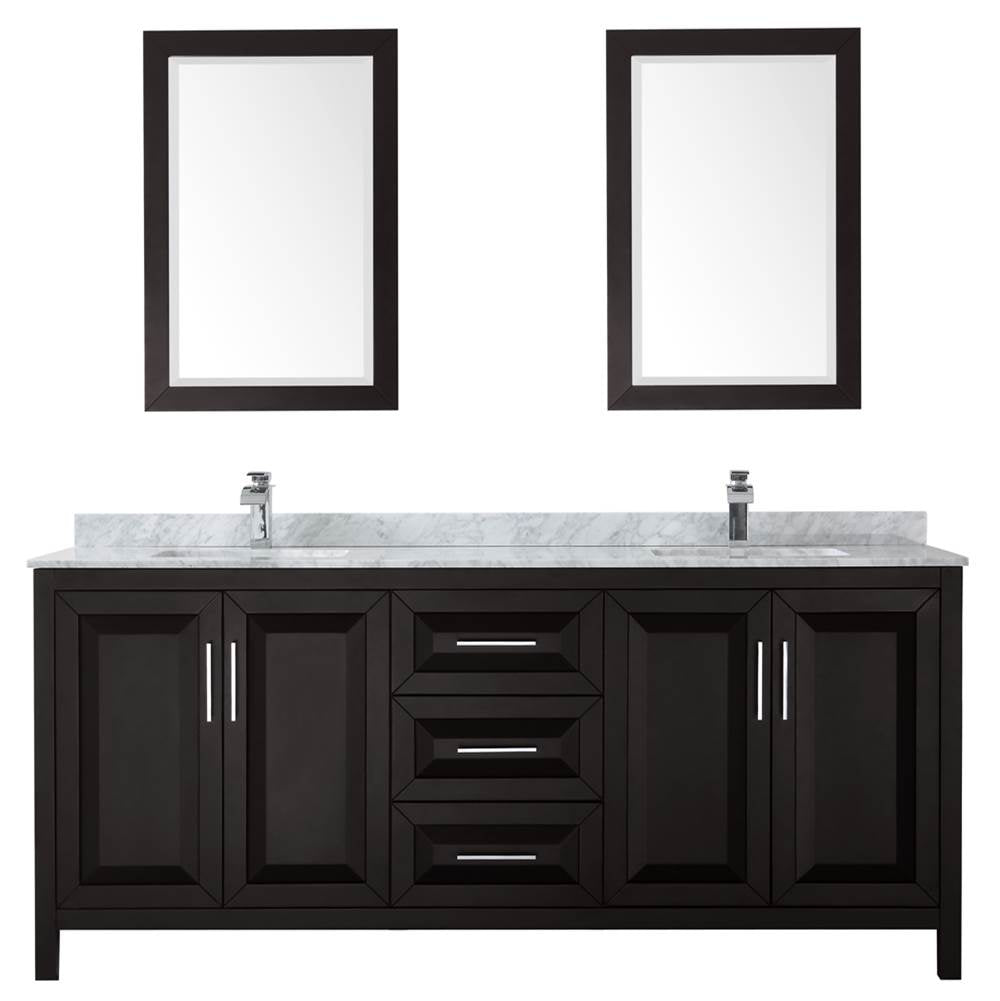 Daria 80 Inch Double Bathroom Vanity in Dark Blue, White Carrara Marble Countertop, Undermount Square Sinks, 24 Inch Mirrors