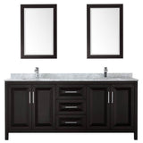 Daria 80 Inch Double Bathroom Vanity in Dark Blue, White Carrara Marble Countertop, Undermount Square Sinks, 24 Inch Mirrors
