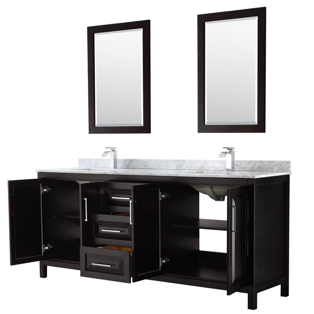 Daria 80 Inch Double Bathroom Vanity in Dark Blue, White Carrara Marble Countertop, Undermount Square Sinks, 24 Inch Mirrors