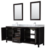 Daria 80 Inch Double Bathroom Vanity in Dark Blue, White Carrara Marble Countertop, Undermount Square Sinks, 24 Inch Mirrors