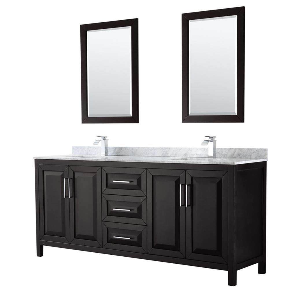Wyndham Collection - Daria 80 Inch Double Bathroom Vanity in Dark Espresso, White Carrara Marble Countertop, Undermount Square Sinks, and 24 Inch Mirrors - Dark Espresso