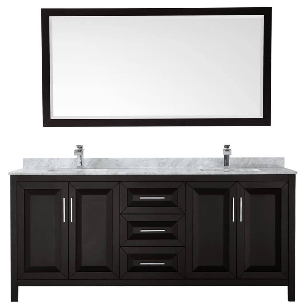 Daria 80 Inch Double Bathroom Vanity in Dark Blue, White Carrara Marble Countertop, Undermount Square Sinks, 70 Inch Mirror