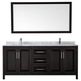 Daria 80 Inch Double Bathroom Vanity in Dark Blue, White Carrara Marble Countertop, Undermount Square Sinks, 70 Inch Mirror