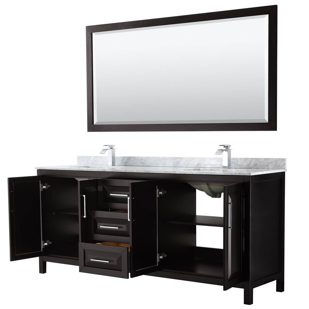 Daria 80 Inch Double Bathroom Vanity in Dark Blue, White Carrara Marble Countertop, Undermount Square Sinks, 70 Inch Mirror