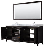 Daria 80 Inch Double Bathroom Vanity in Dark Blue, White Carrara Marble Countertop, Undermount Square Sinks, 70 Inch Mirror