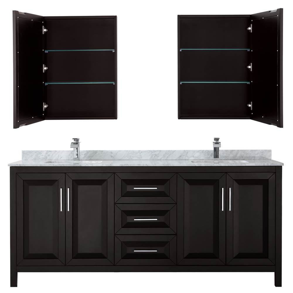 Daria 80 Inch Double Bathroom Vanity in Dark Blue, White Carrara Marble Countertop, Undermount Square Sinks, Medicine Cabinets