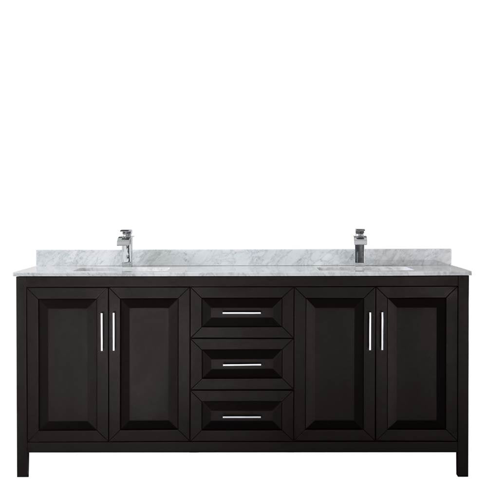 Daria 80 Inch Double Bathroom Vanity in Dark Blue, White Carrara Marble Countertop, Undermount Square Sinks, No Mirror